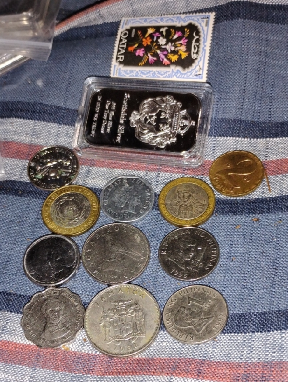 Mixed World Coin Lot with Silver Bar Accent